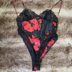 Vintage-Inspired Red Floral Lace Teddy  Satin Lingerie Bodysuit W/ Matching Robe